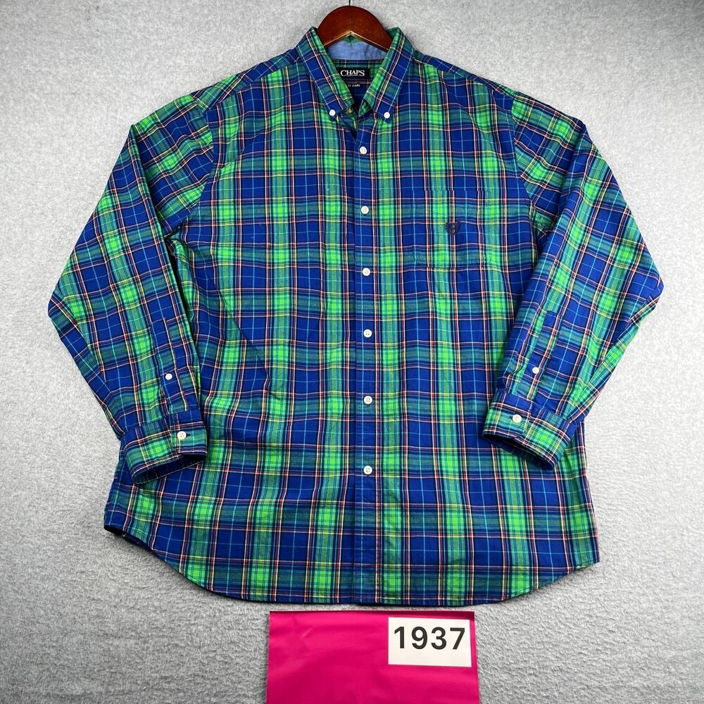 Chaps Easy Care Shirt Blue Green Plaid Casual Button Up Long Sleeve Mens XL